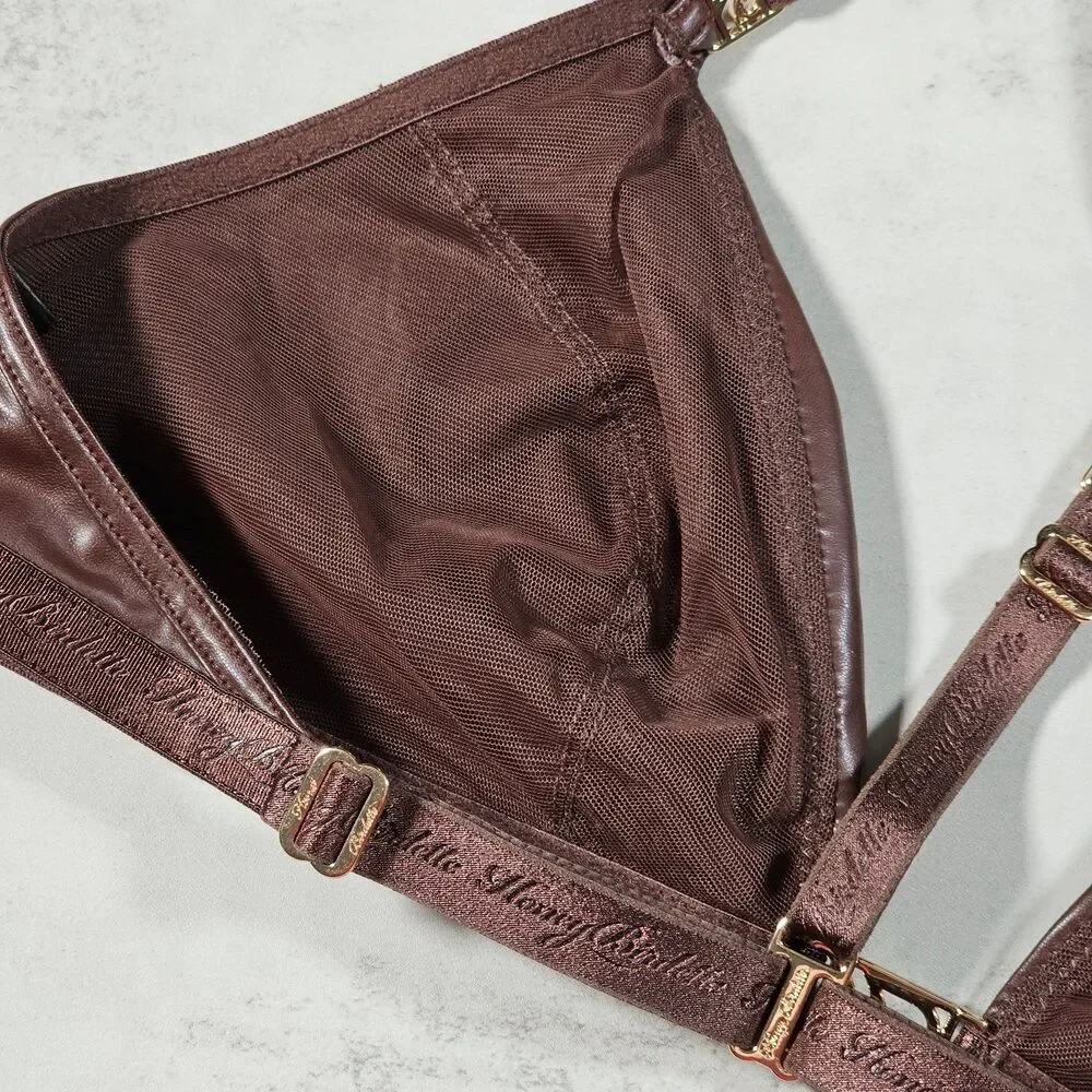 Honey Birdette Emily Mahogany Wire Free Faux Leather Triangle Bra Bralette Sz L
